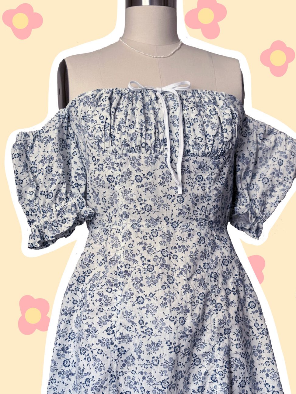 Blue floral print puff sleeve knot front leg split cottagecore dress