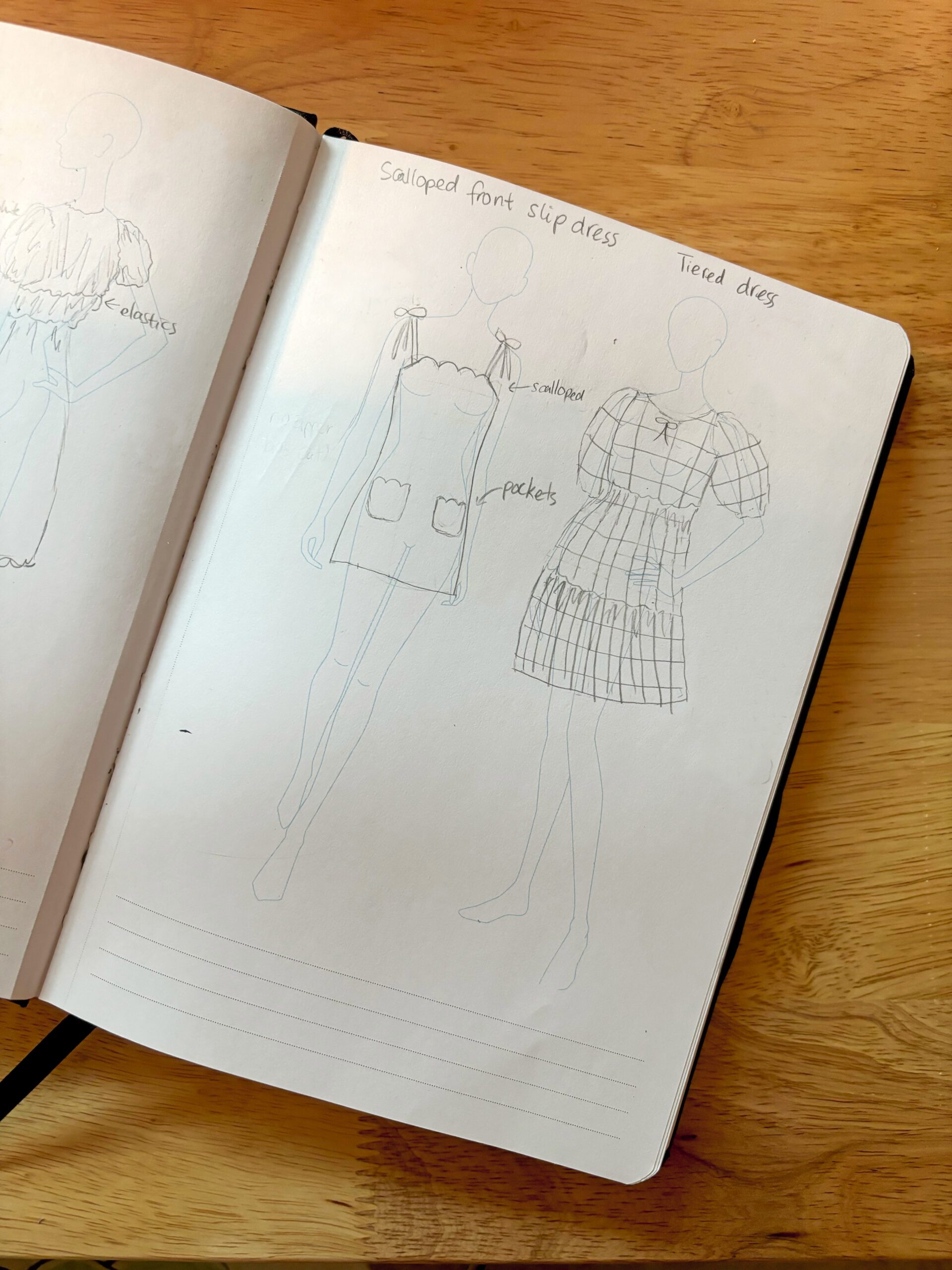 A fashion sketch book with pre-illustrated figures where you can draw clothing designs over them and write notes.