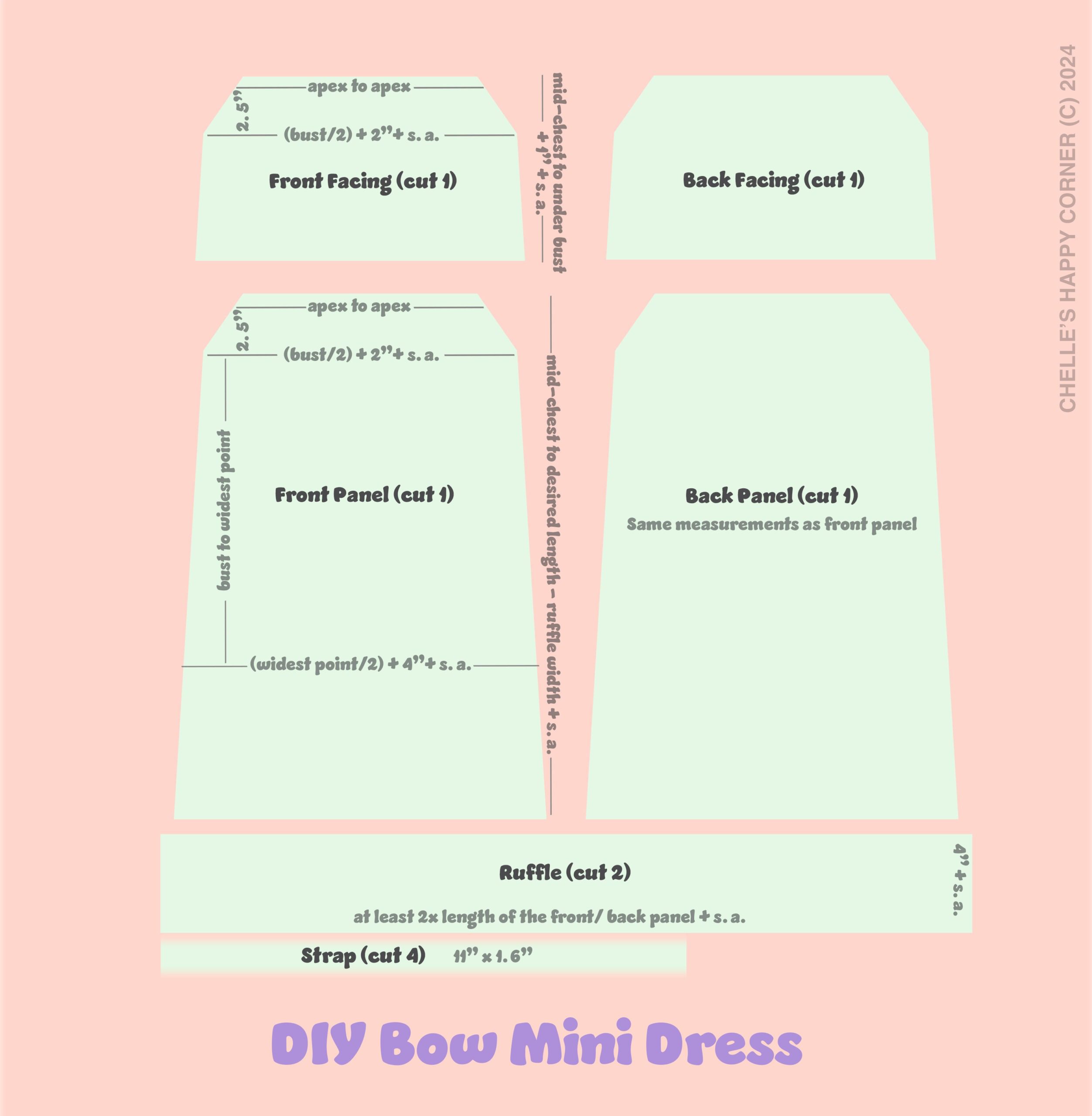 A simplified image of the pattern pieces required for a DIY bow mini dress.