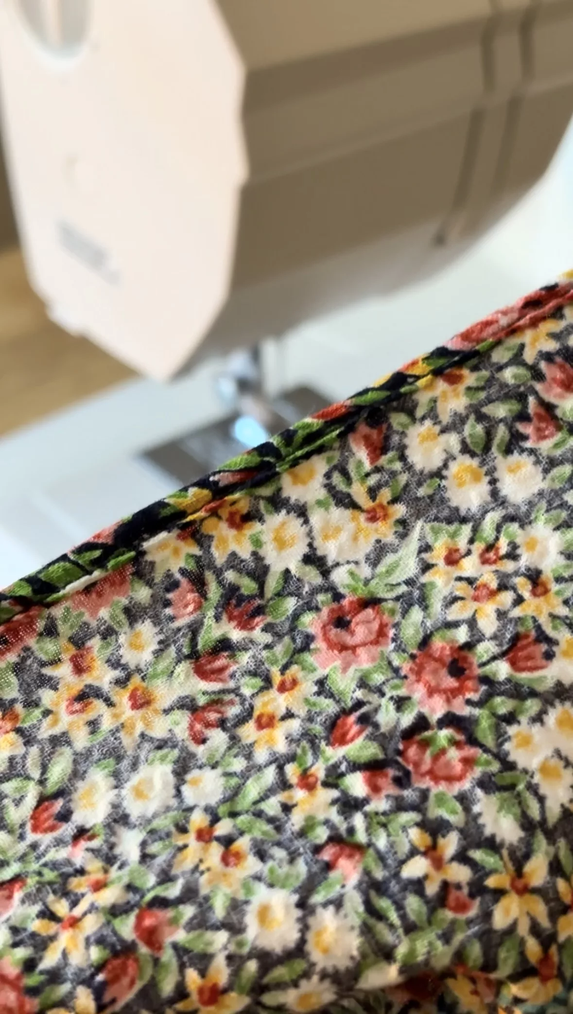 A close up look of the finished hem using a narrow hem sewing foot.