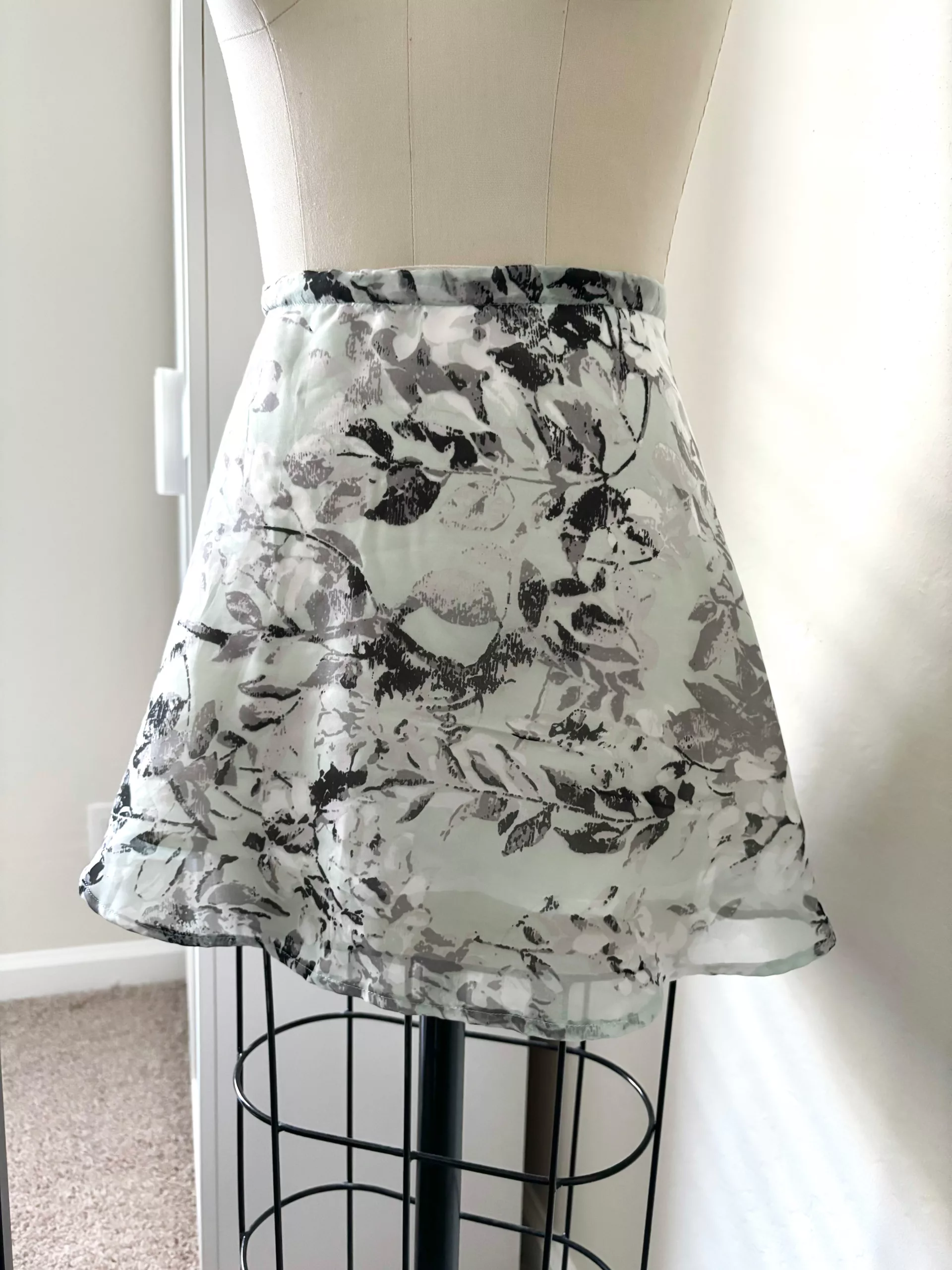 A full view of the half circle skirt fully lined and hemmed.