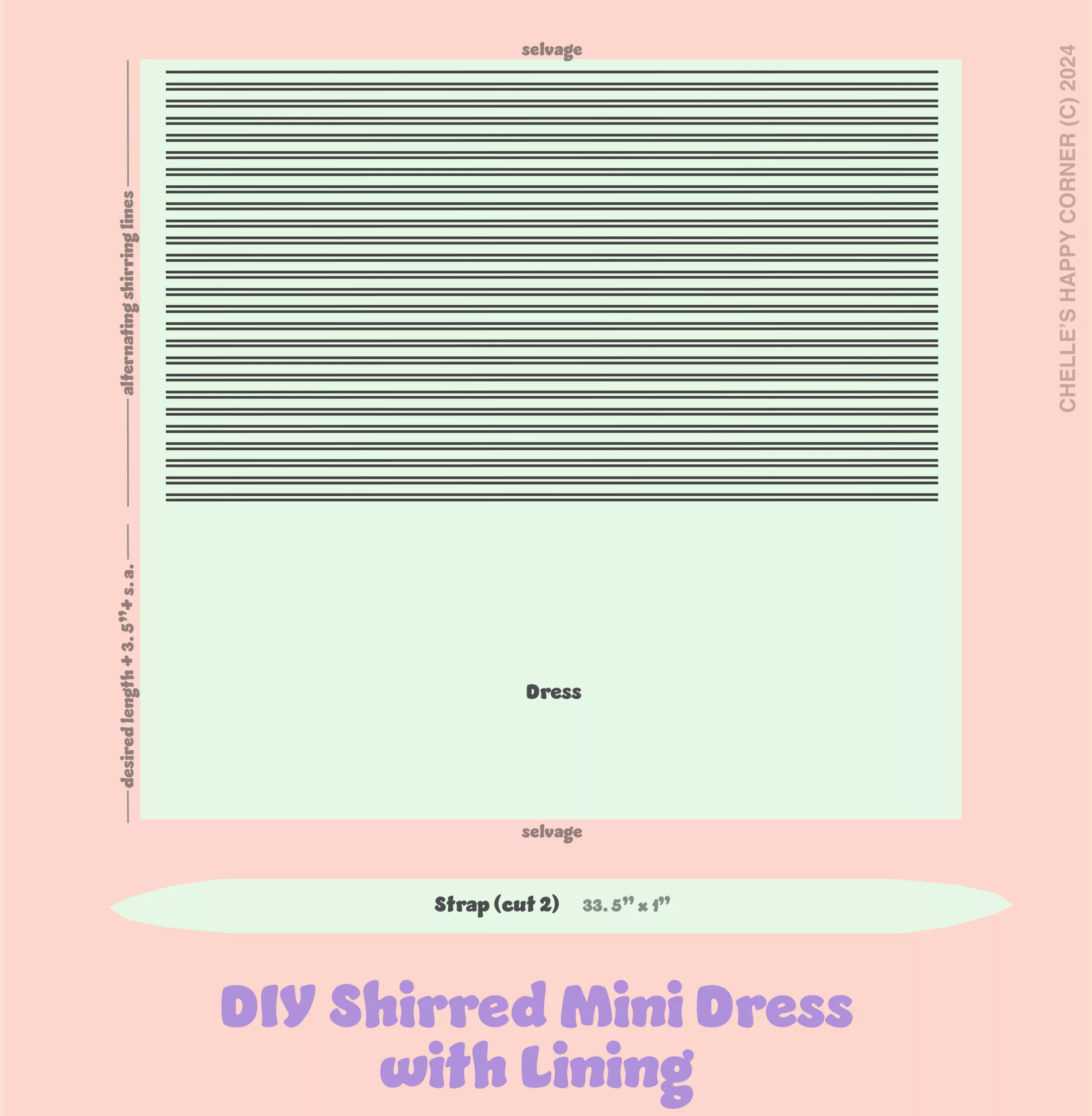 A simplified image of the pieces required for a DIY shirred mini dress with lining and off-shoulder straps..