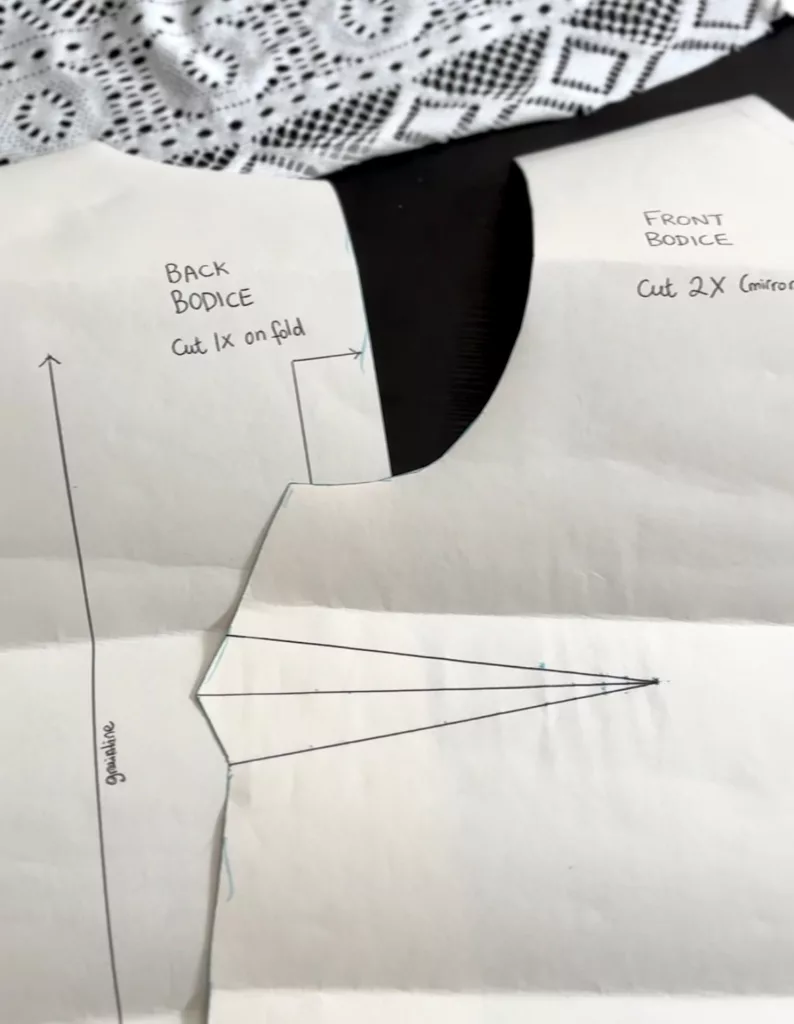 A picture of the modified sewing pattern pieces for the top.